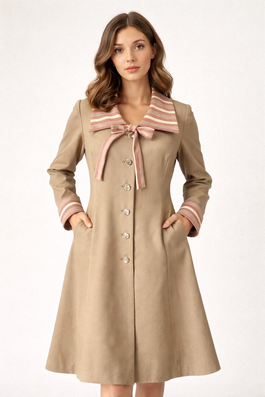 1970s ILGWU Vintage Tan Collar Bow Dress A-Line USA Large